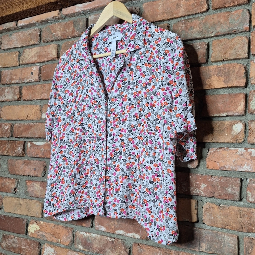 DKNY Floral Button Shirt XL Lightweight Rayon Blouse Soft Drapey Spring Summer